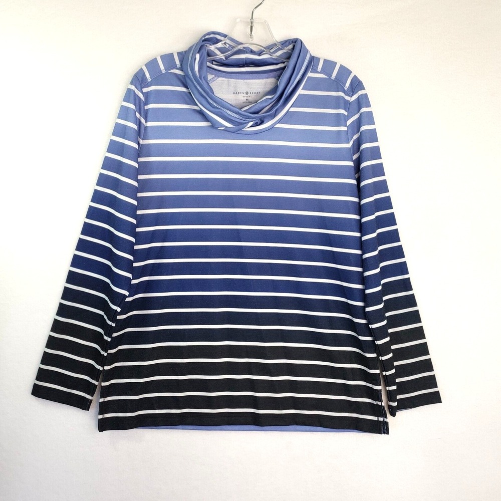 Karen Scott Sport Sweatshirt Womens M Blue Ombre Striped Cowl‎ Neck Pullover Top